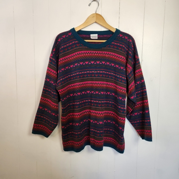 Vintage Oversized Pink Blue Fair Isle Crew Neck Sweater 90s 1990s Ski Preppy M - Picture 2 of 9
